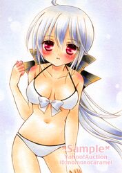  1girl bikini caramelbox long_hair red_eyes sample silver_hair solo swimsuit traditional_media vocaloid voyakiloid yowane_haku 