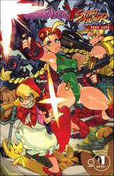  1boy 2girls alex_ahad b.b._hood beret blonde_hair breasts cammy_white capcom charlie_nash cloak comic_cover commentary company_connection copyright_name crossover darkstalkers dress evil_smile firing firing_at_viewer glasses green_leotard gun harry_(darkstalkers) hat highleg highleg_leotard highres hood hooded_cloak leotard machine_gun monster multiple_girls official_art red_cloak scar scar_on_cheek scar_on_face sharp_teeth shell_casing smile street_fighter submachine_gun teeth uzi weapon 