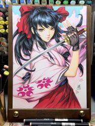  black_hair black_sash brown_eyes cherry_blossoms hair_ribbon highres holding holding_weapon japanese_clothes katana kimono long_hair petals pink_kimono ponytail red_ribbon red_skirt ribbon sakura_taisen sash shinguuji_sakura skirt stanley_lau sword weapon 