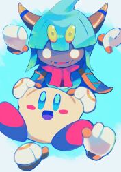  :d blue_background blue_cape blue_eyes blue_hair blunt_bangs blush_stickers cape fangs gloves hand_grab highres horns kirby kirby:_triple_deluxe kirby_(series) looking_at_another open_mouth purano7 rayman_limbs red_scarf scarf short_hair smile taranza two-tone_background white_background white_gloves 