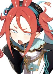  1girl aegyo_sal black_sleeves blue_eyes blue_tail breasts chinese_clothes chixia_(stella_sora) close-up commentary_request cowboy_shot double-parted_bangs dress fanged_bangs fire flame-tipped_tail flipped_bangs forehead from_above furisode_sleeves hands_on_own_hips highres leaning_forward light_blush long_hair long_sleeves looking_at_viewer open_mouth pantyhose partial_commentary pelvic_curtain pointy_ears red_hair rope rotroto sharp_teeth short_dress short_eyebrows side_slit sidelocks simple_background small_breasts solo stella_sora tail tail_raised teeth tsurime twintails upper_teeth_only v-shaped_eyebrows white_background white_dress white_pantyhose wide_sleeves yunjian 