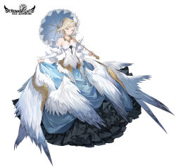  1girl ashukapeka bare_shoulders blonde_hair blue_dress blue_eyes breasts commentary copyright_name detached_sleeves dress english_commentary feather_hair_ornament feathered_wings feathers frilled_dress frills full_body hair_bun hair_ornament highres holding holding_umbrella jewelry lifting_own_clothes light_blush looking_at_viewer necklace orly_(seven_knights) parasol puffy_short_sleeves puffy_sleeves seven_knights short_sleeves simple_background small_breasts smile solo standing two-tone_dress umbrella white_background white_bodice wings 