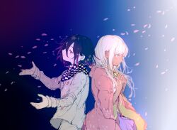  1boy 1girl abrtskrg_harukk back-to-back black_hair blue_background blunt_bangs buttons checkered_clothes checkered_scarf closed_mouth commentary danganronpa_(series) danganronpa_v3:_killing_harmony dark-skinned_female dark_skin falling_petals flipped_hair from_side ganguro gradient_background gyaru hair_between_eyes highres long_hair long_sleeves looking_at_viewer low_twintails oma_kokichi outstretched_arms own_hands_together petals profile purple_hair raincoat scarf short_hair sidelighting twintails two-tone_scarf upper_body violet_eyes white_hair yellow_raincoat yonaga_angie 