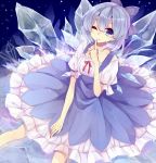  1girl blue_dress blue_eyes blue_hair bow cirno collarbone dress hair_bow ice ice_wings looking_at_viewer miiko_(somnolent) shirt short_sleeves shushing sitting smile solo touhou wings wink 