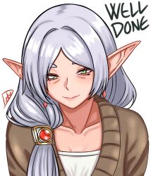  1girl absurdres aged_up alternate_hairstyle brown_jacket collarbone commentary earrings elf english_commentary english_text flat_chest frieren green_eyes grey_hair hair_over_shoulder highres jacket jewelry mature_eyes mature_female pointy_ears romulproduce signature solo sousou_no_frieren upper_body 