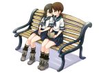  2girls abe_kanari bench black_hair black_legwear blush book boots braid brown_hair head_on_shoulder isonami_(kantai_collection) kantai_collection long_hair multiple_girls personification school_uniform serafuku shirayuki_(kantai_collection) short_sleeves simple_background sitting skirt sleeping white_background 