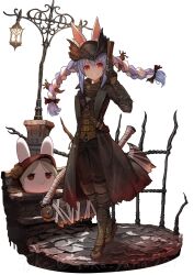  1girl alternate_costume animal_ear_fluff animal_ears black_coat black_hat black_pants bloodborne blue_hair boots braid brown_boots coat commentary_request cosplay full_body gloves gun handgun hat highres holding holding_gun holding_weapon hololive hunter_(bloodborne) hunter_(bloodborne)_(cosplay) long_hair looking_at_viewer multicolored_hair pants plain_doll rabbit_ears rabbit_girl red_eyes saw saw_cleaver short_eyebrows sidelocks smile taka.yana thick_eyebrows tricorne twin_braids twitter_username two-tone_hair usada_pekora virtual_youtuber weapon white_background white_hair 
