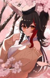  1girl absurdres animal_ear_fluff animal_ears arm_up bare_shoulders beret black_hair black_hat blurry blurry_foreground braid braided_sidelock breasts brown_cardigan cardigan cardigan_partially_removed cherry_blossoms closed_mouth commentary_request crossed_bangs double-parted_bangs from_side hair_ornament hairpin halter_shirt halterneck hat highres hololive large_breasts long_hair long_sleeves looking_at_viewer multiple_hairpins ookami_mio ookami_mio_(street) red_hair shirt sidelighting sidelocks single_braid single_hair_streak sleeveless sleeveless_shirt smile solo tree tukijika upper_body virtual_youtuber white_shirt wide_ponytail wolf_ears wolf_girl 