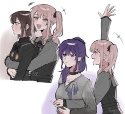  +++ 1other 2girls akiyama_mizuki androgynous arm_up asahina_mafuyu black_choker blush bob_cut breasts brown_eyes choker closed_mouth commentary hair_over_shoulder haruka_3442 high_ponytail highres hug hug_from_behind long_hair long_sleeves multiple_girls outstretched_hand pink_eyes pink_hair ponytail project_sekai purple_hair shinonome_ena short_hair side_ponytail sidelocks sweater symbol-only_commentary turtleneck turtleneck_sweater upper_body violet_eyes 