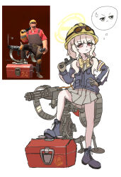  1girl :&lt; anger_vein aoba_(blue_archive) armband ayo5108 blue_archive blue_boots blue_jacket boots bow bowtie commentary cosplay engineer_(tf2) engineer_(tf2)_(cosplay) english_commentary frown full_body gloves grey_gloves grey_skirt halo hard_hat helmet highres holding holding_wrench jacket long_hair long_sleeves looking_at_viewer orange_halo pleated_skirt red_eyes reference_inset sentry skirt solo speech_bubble team_fortress_2 thought_bubble toolbox wrench yellow_armband yellow_bow yellow_bowtie yellow_helmet 