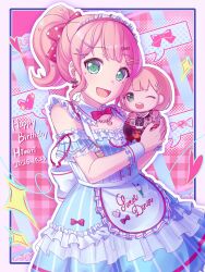  1girl :d ;d apron bang_dream! bare_shoulders blue_dress bow candy dated dress earrings food food-themed_earrings frilled_dress frills gorilla-chan_(axpdxsyc0222) green_eyes hair_bow hair_ornament happy_birthday heart highres holding holding_stuffed_toy jewelry looking_at_viewer maid_headdress one_eye_closed open_mouth pink_bow pink_hair ponytail smile solo stuffed_toy uehara_himari upper_body white_apron x_hair_ornament 