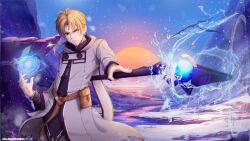  1boy aqua_heartia belt_pouch blue_sky brown_hair casting_spell cloak durango-dg green_eyes hill hydrokinesis looking_at_viewer mage_staff male_focus mushoku_tensei outdoors ponytail pouch rudeus_greyrat sky snow solo solo_focus staff sunset water 