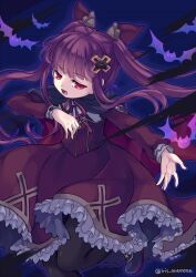 1girl alucard_lore bat_(animal) black_cloak black_pantyhose bow breasts cloak corset cross_hair_ornament emil_chronicle_online frilled_bow frilled_skirt frills hair_bow hair_ornament iris_anemone long_hair neck_ribbon night open_mouth pantyhose purple_bow purple_corset purple_hair purple_ribbon purple_sleeves red_cloak red_eyes ribbon shirt skirt small_breasts twintails twitter_username two-sided_cloak two-sided_fabric vampire white_shirt 