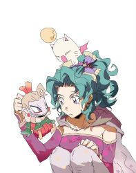  1boy 1girl blonde_hair breasts creature creature_on_head detached_sleeves dress final_fantasy final_fantasy_vi gold_trim green_hair hair_ribbon highres kefka_palazzo long_hair looking_at_another medium_breasts meow_mok moogle pantyhose parted_bangs parted_lips pink_dress pink_sleeves pointy_ears ponytail print_pantyhose purple_ribbon ribbon sketch squatting strapless strapless_dress terra_branford tube_dress violet_eyes wavy_hair 