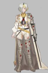  1girl armor armored_boots ascot belt boots breasts cape crazy_eyes crazy_smile grey_eyes hair_over_one_eye highres kromer_(project_moon) large_breasts limbus_company looking_at_viewer multicolored_hair multiple_belts necktie one_eye_covered project_moon puffy_sleeves purity_seal shoulder_armor smile solo suifengflyfff thigh_armor 