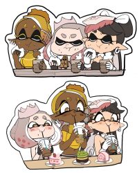  3girls black_hair blonde_hair bow-shaped_hair cake cake_slice callie_(splatoon) closed_eyes colored_eyelashes crop_top crown dark-skinned_female dark_skin drinking_straw earrings eating fingerless_gloves food food_on_face food_on_head frye_(splatoon) gloves gradient_hair highres inkling jewelry long_hair long_pointy_ears mole mole_under_eye mole_under_mouth multicolored_hair multiple_earrings multiple_girls object_on_head onigiri pearl_(splatoon) pointy_ears splatoon_(series) splatoon_1 splatoon_2 splatoon_3 steaming_cup tentacle_hair yellow_eyes yuta_agc zipper_pull_tab 