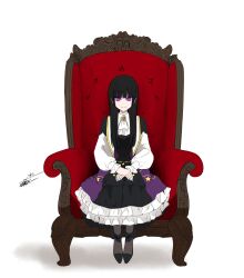  1girl armchair black_hair chair commentary_request dress frilled_dress frills full_body highres long_hair long_sleeves looking_at_viewer original puffy_long_sleeves puffy_sleeves purple_dress simple_background sitting solo tiger_subaru violet_eyes white_background 