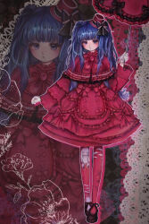  1girl black_bow black_shoes blue_eyes blue_hair bow capelet dress flower frilled_capelet frills furudo_erika hat highres holding holding_umbrella kneepaw lolita_fashion long_hair pantyhose parasol rabbit red_bow red_capelet red_dress red_flower red_hat red_pantyhose red_rose rose shoes solo top_hat twintails umbrella umineko_no_naku_koro_ni zoom_layer 