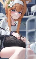  1boy 1girl absurdres animal_ear_fluff animal_ears black_hair blue_archive blue_eyes blurry blush bottle cat_ears cat_girl closed_mouth commentary crazy_eyes crazy_smile depth_of_field eyes_visible_through_hair feet_out_of_frame flower gym_uniform hair_between_eyes hair_flower hair_ornament hair_ribbon hairband halo headpat heart heart-shaped_pupils hetero highres indoors jacket lap_pillow long_hair looking_down lovestruck lying mari_(blue_archive) mari_(track)_(blue_archive) official_alternate_costume official_alternate_hairstyle on_back orange_hair ribbon sensei_(blue_archive) shirt short_hair sidelocks sitting smile solo_focus split_mouth straight_hair symbol-shaped_pupils track_jacket tsurime ubeuna water_bottle white_flower white_hairband white_ribbon white_shirt yellow_halo 