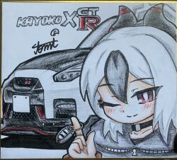  1girl absurdres black_hair blue_archive car commentary_request highres horns kayoko_(blue_archive) motor_vehicle multicolored_hair one_eye_closed red_eyes shikishi solo tomimon traditional_media 