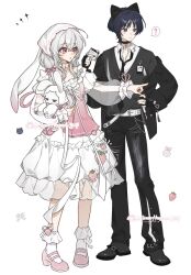  1boy 1girl alternate_costume animal_ear_hairband animal_ears apron artist_request belt belt_buckle black_choker black_hair black_hairband black_jacket black_nails black_necktie black_pants black_shoes black_sleeves black_sweater_vest blunt_ends buckle casual cat_ears choker closed_mouth collared_shirt commission commissioner_insert contemporary couple crossed_bangs dress eyelashes eyeliner eyeshadow fake_animal_ears fingerless_gloves food food_print frilled_dress frilled_sleeves frilled_socks frills fruit fruit_print full_body genshin_impact gloves hair_between_eyes hair_intakes hair_ribbon hairband hand_on_own_hip hand_up hayami_momo_(hayamimomo) headscarf hetero highres holding holding_stuffed_toy index_finger_raised jacket light_blush long_hair long_sleeves looking_to_the_side low_twintails makeup mole mole_under_eye necktie o-ring oc_x_canon off_shoulder open_clothes open_jacket open_mouth original outstretched_arm pants pink_apron pink_eyes pink_ribbon pink_shoes pointing pointing_to_the_side rabbit rabbit_ears red_eyeliner red_eyeshadow ribbon scaramouche_(cat)_(genshin_impact) scaramouche_(genshin_impact) second-party_source see-through_clothes see-through_dress_layer see-through_sleeves shirt shoe_belt shoes socks standing strawberry strawberry_ornament strawberry_print stuffed_animal stuffed_toy sweater_vest twintails undershirt violet_eyes white_belt white_dress white_hair white_ribbon white_shirt white_socks wispy_bangs 
