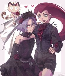  1boy 1girl absurdres ada_mesmer ada_mesmer_(cosplay) ada_mesmer_(everlasting_night) black_dress chuvuyaa cosplay crossdressing crossdressing_(mtf) dress emil_(identity_v) emil_(identity_v)_(cosplay) emil_(luminary)_(identity_v) flower heart highres identity_v james_(pokemon) jessie_(pokemon) looking_at_viewer meowth pokemon pokemon_(anime) pokemon_(classic_anime) pokemon_(creature) team_rocket trap white_background 