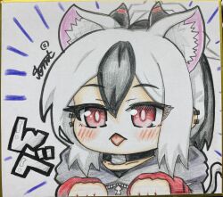  1girl absurdres animal_ears black_hair blue_archive cat_ears commentary_request highres kayoko_(blue_archive) multicolored_hair red_eyes shikishi solo tomimon traditional_media 