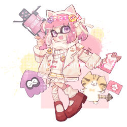  .52_gal_(splatoon) 1girl :d animal_ear_headphones animal_ears blunt_bangs blush_stickers cat_ear_headphones cat_ears fake_animal_ears fangs full_body gun headphones highres holding holding_gun holding_weapon inkling inkling_girl inkling_player_character jacket long_sleeves looking_at_viewer mochizuki_inochi open_clothes open_jacket open_mouth pink_hair pleated_skirt red_shoes shirt shoes short_hair skirt smile socks solo splatoon_(series) tentacle_hair violet_eyes weapon white_jacket white_shirt white_socks yellow_skirt 