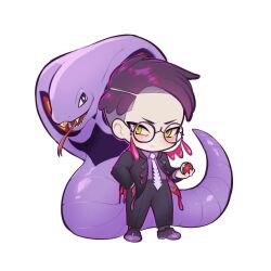  1boy arbok black-framed_eyewear black_pants chibi chibi_only collared_shirt commentary corbeau_(pokemon) duokhay english_commentary eyewear_strap fangs full_body glasses hand_in_pocket highres holding holding_poke_ball male_focus necktie outline pants parted_hair poke_ball poke_ball_(basic) pokemon pokemon_(creature) pokemon_legends:_z-a purple_shirt round_eyewear shirt short_hair solo transparent_background white_necktie white_outline yellow_eyes 