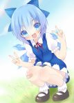  1girl bandaid bandaid_on_knee blue_dress blue_eyes blue_hair blush bow cirno double_v dress fang hair_bow ice ice_wings kokorominton looking_at_viewer open_mouth puffy_sleeves shirt short_sleeves smile solo squatting touhou v wings 