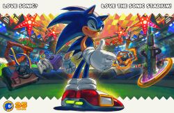  1boy absurdres anniversary book from_behind full_body game_console gamecube gloves green_eyes highres kornart looking_at_viewer looking_back male_focus one_eye_closed red_shoes second-party_source sega_dreamcast sega_saturn shoes smile sneakers solo sonic_(series) sonic_heroes sonic_the_hedgehog sword thumbs_up weapon white_gloves 