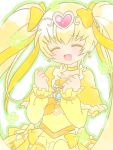  1girl blonde_hair brooch bubble_skirt choker circlet closed_eyes color_connection cosplay crossover cure_muse_(yellow) cure_muse_(yellow)_(cosplay) cure_sunshine dress earrings frills heart heartcatch_precure! jewelry koharu703 long_hair magical_girl myoudouin_itsuki open_mouth precure ribbon smile solo suite_precure twintails white_background yellow yellow_dress 