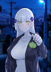  1girl alternate_costume black_jacket blurry blurry_background closed_mouth collarbone commentary_request cross_hair_ornament doya_(qkrdbseh1205) foreshortening girls&#039;_frontline_2:_exilium girls_frontline hair_ornament highres hk416_(girls&#039;_frontline) holding impossible_clothes impossible_shirt jacket klukai_(girls&#039;_frontline_2) korean_commentary long_hair looking_at_viewer night night_sky open_clothes open_jacket outdoors shirt sky smile solo tattoo teardrop_facial_mark teardrop_tattoo upper_body white_hair white_shirt yellow_eyes 
