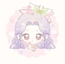  1girl ankle_socks baonu_de_zhanshen_caibutou bare_shoulders blunt_ends border bow bow_legwear chibi chinese_commentary closed_mouth commentary_request courtyard_flowers_(infinity_nikki) dot_nose dress dress_flower eyelashes floral_background flower forehead frilled_dress frills green_bow hair_bow hair_ornament happy heart heart_hair_ornament highres holding holding_watering_can infinity_nikki invisible_chair lace-trimmed_bow lace_trim large_bow leaf_bow light_blush light_particles long_hair long_sidelocks nikki_(series) outline outside_border parted_bangs pink_background pink_bow pink_dress pink_flower pink_shoes pink_wrist_cuffs polka_dot polka_dot_background purple_hair round_border shoes short_dress sidelocks sitting sleeveless sleeveless_dress smile socks solo sparkle square_neckline striped_bow tareme very_long_hair violet_eyes watering_can wavy_hair white_border white_flower white_outline white_socks wrist_cuffs 