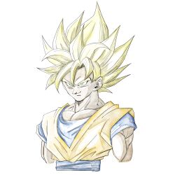  1boy 1rasutotoukou absurdres blonde_hair blue_sash blue_shirt dougi dragon_ball dragon_ball_z green_eyes highres medium_hair muscular muscular_male orange_shirt sash shirt simple_background smirk solo son_goku spiky_hair super_saiyan super_saiyan_1 white_background 