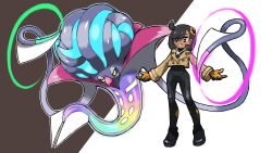  1girl :3 beak black_bodysuit black_hair black_sclera blacknirrow bodysuit brown_jacket closed_mouth colored_sclera commentary dark-skinned_female dark_skin emma_(pokemon) eyelashes full_body glint highres jacket long_sleeves malamar mega_malamar mega_pokemon outline pokemon pokemon_(creature) pokemon_legends:_z-a short_hair simple_background smile standing tentacles two-tone_background violet_eyes white_outline yellow_eyes 