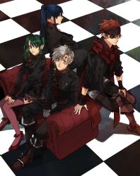  1girl 3boys ahoge allen_walker anklet badge belt black_belt black_boots black_jacket black_order_uniform black_pants black_shirt blue_eyes blue_hair boots brown_boots brown_gloves brown_headband buttons chain checkered_floor collared_jacket couch cross crossed_arms d.gray-man earrings eyepatch facial_mark facing_viewer fingerless_gloves forehead_mark frown gloves gold_chain green_eyes green_hair grey_eyes grey_gloves grey_hair hair_between_eyes hair_over_shoulder hair_ribbon hand_on_own_foot hand_on_own_thigh headband high_heels high_ponytail highres hoop_earrings jacket jewelry kanda_yuu koshian_(mruc9) lavi legs lenalee_lee lips long_hair long_sleeves looking_at_viewer looking_back messy_hair military military_uniform miniskirt multiple_boys on_couch one_eye_covered open_clothes open_jacket orange_hair pants parted_bangs pink_skirt pink_thighhighs pleated_skirt ponytail profile red_couch red_ribbon red_scarf red_shoes ribbon scar scar_across_eye scar_on_face scarf shadow shirt shoes short_hair sidelocks sitting skirt sleeves_rolled_up smile spiky_hair star_(symbol) star_facial_mark striped_belt striped_clothes striped_headband striped_jacket stud_earrings thigh-highs thighs turtleneck turtleneck_jacket two-tone_pants two_side_up vertical-striped_clothes vertical-striped_headband vertical-striped_jacket white_pants zettai_ryouiki 