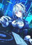  1girl absurdres blurry braid bust depth_of_field gloves headphones highres izayoi_sakuya mephist-pheles phonograph pink_eyes ribbon short_hair silver_hair solo touhou turntable twin_braids white_gloves 