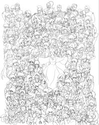  absurdres amuro_ray char's_counterattack char_aznable character_request closed_mouth dokite_tsukasa domon_kasshu elpeo_puru everyone g_gundam greyscale gundam gundam_gihren_no_yabou gundam_wing gundam_zz haman_karn highres lalah_sune lineart long_hair master_asia medium_hair mobile_suit_gundam monochrome multiple_boys multiple_girls official_art open_mouth quess_paraya retro_artstyle sayla_mass sd_gundam short_hair simple_background smile white_background zeta_gundam 