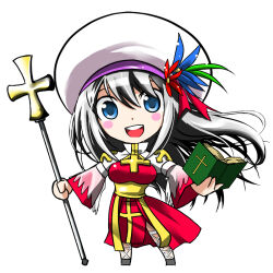  1girl 2000s_(style) :d arch_bishop_(ragnarok_online) black_shoes blue_eyes blue_flower blush_stickers book breasts chibi chibi_only commentary_request crosier cross dress fishnet_thighhighs fishnets flower full_body grey_hair hat hat_flower hat_ornament holding holding_book holding_staff juliet_sleeves leaf_hat_ornament long_hair long_sleeves looking_at_viewer medium_breasts nou_kitsune open_mouth puffy_sleeves ragnarok_online red_flower sash shoes simple_background smile solo staff standing tam_(ragnarok_online) teeth thigh-highs two-tone_dress upper_teeth_only white_background white_dress white_hat white_thighhighs yellow_sash 