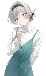  1girl absurdres alternate_costume alternate_hairstyle aqua_pupils arm_behind_back black_bow black_hairband blue_eyes bow closed_mouth collared_shirt commentary cowboy_shot cryne dress firefly_(honkai:_star_rail) green_dress hair_bow hair_bun hair_intakes hair_up hairband hand_up head_tilt highres honkai:_star_rail honkai_(series) index_finger_raised light_blush long_sleeves looking_at_viewer multicolored_eyes shirt shirt_under_dress simple_background smile solo twitter_username two-tone_eyes violet_eyes white_background white_shirt 