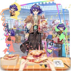  1girl 1other alternate_costume bag bespectacled blurry box brown-framed_eyewear brown_cardigan brown_skirt cardboard_box cardigan chair character_charm character_print charm_(object) closed_eyes closed_mouth depth_of_field folding_chair fujiwara_no_mokou game_cg glasses hecatia_lapislazuli highres himekaidou_hatate himemushi_momoyo holding holding_bag id_card iizunamaru_megumu long_sleeves looking_at_viewer merchandise multiple_views official_art open_cardigan open_clothes open_mouth pointing purple_hair rainbow_gradient rotte_(1109) shoulder_bag skirt smile sweater table tenkyuu_chimata third-party_source touhou touhou_lostword translation_request transparent_background tsukumo_yatsuhashi violet_eyes yellow_sweater 