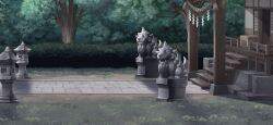  architecture box bush day donation_box east_asian_architecture game_cg hakurei_shrine komainu no_humans non-web_source official_art outdoors path rope scenery shide shimenawa shrine stairs stone_lantern touhou touhou_gensou_eclipse tree 