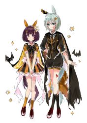  2girls animal_ears bat_(animal) black_cape black_choker black_dress black_socks blue_eyes blunt_bangs blush brown_hair cape choker closed_mouth dress ear_covers flower full_body grey_hair hair_between_eyes hair_flower hair_ornament hairband hairclip halloween halloween_costume highres horse_ears horse_girl horse_tail kneehighs looking_at_viewer morizu929 multiple_girls nishino_flower_(umamusume) orange_dress orange_hairband orange_socks seiun_sky_(umamusume) shoes short_hair short_sleeves single_ear_cover smile socks star_(symbol) sunflower sunflower_hair_ornament tail umamusume violet_eyes x_hair_ornament 
