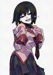  1girl :d absurdres black_eyes black_hair black_necktie black_pantyhose black_shirt black_skirt bob_cut breasts commentary cowboy_shot empty_eyes fractal_noise hair_between_eyes hands_up hatahata_(okkrslk) head_tilt highres juliet_sleeves long_sleeves looking_at_viewer loose_hair_strand medium_breasts monogatari_(series) naoetsu_high_school_uniform narrowed_eyes necktie open_mouth oshino_ougi pantyhose pink_shirt pleated_skirt puffy_sleeves red_trim school_uniform shirt short_hair skirt sleeves_past_fingers sleeves_past_wrists smile solo standing turtleneck very_long_sleeves white_background 