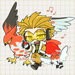  +++ 1boy ^_^ beak belt black_belt black_boots black_gloves blonde_hair boku_no_hero_academia boots closed_eyes commentary eyes_visible_through_eyewear fletchling fur-trimmed_jacket fur-trimmed_sleeves fur_trim gloves goggles grid_background hand_in_pocket hawks_(boku_no_hero_academia) headphones holding holding_poke_ball jacket jitome looking_at_viewer male_focus maw_coo motion_lines musical_note open_mouth pants poke_ball poke_ball_(basic) pokemon pokemon_(creature) shirt slit_pupils smile superhero_costume symbol-only_commentary talonflame teeth thick_eyebrows tinted_eyewear twitter_username upper_teeth_only white_fur yellow-tinted_eyewear yellow_eyes yellow_jacket yellow_pants 