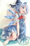  1girl asu_tora blue_dress blue_eyes blue_hair cirno dress hair_ribbon highres ice ice_wings open_mouth ribbon smile solo touhou wings 