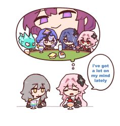  6+girls acheron_(honkai:_star_rail) black_flower black_gloves black_swan_(honkai:_star_rail) card_game closed_mouth cocktail cup dorkdragoon drinking_glass english_text evernight_(honkai:_star_rail) flower gloves grey_hair hair_flower hair_ornament hair_over_one_eye honkai:_star_rail honkai_(series) kafka_(honkai:_star_rail) long_hair looking_at_another march_7th_(honkai:_star_rail) multiple_girls pink_hair purple_hair purple_veil red_eyes revision smile speech_bubble stelle_(honkai:_star_rail) tail_(honkai:_star_rail) thought_bubble trailblazer_(honkai:_star_rail) uno_(game) veil violet_eyes yellow_eyes 