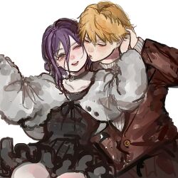  1boy 1girl black_choker black_dress brown_jacket chainsaw_man choker closed_eyes denji_(chainsaw_man) dress green_eyes grenade_pin hair_between_eyes hetero highres imminent_kiss jacket leigh_113n medium_hair one_eye_closed puckered_lips purple_hair reze_(chainsaw_man) short_hair simple_background white_background 