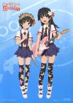  2girls absurdres blue_eyes blush boots brown_eyes flower guitar hair_ornament headdress highres instrument long_hair multiple_girls necktie official_art open_mouth saten_ruiko short_hair skirt smile suspenders tanaka_yuuichi thighhighs to_aru_kagaku_no_railgun to_aru_majutsu_no_index uiharu_kazari wreath 